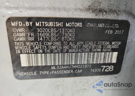 2017 Mitsubishi Mirage Se from USA, damaged, VIN ML32A4HJ7HH021972